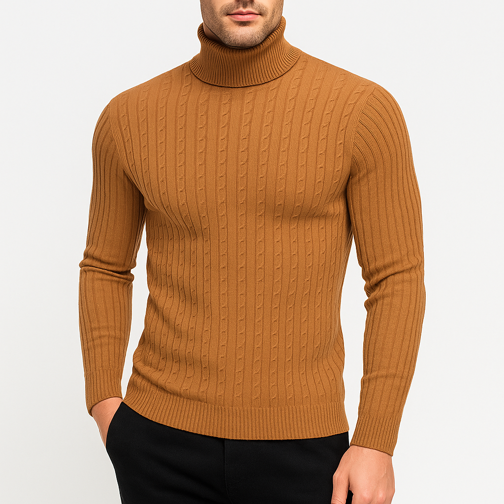 Pull Col Roulé Homme Maille Torsadée Manches Longues