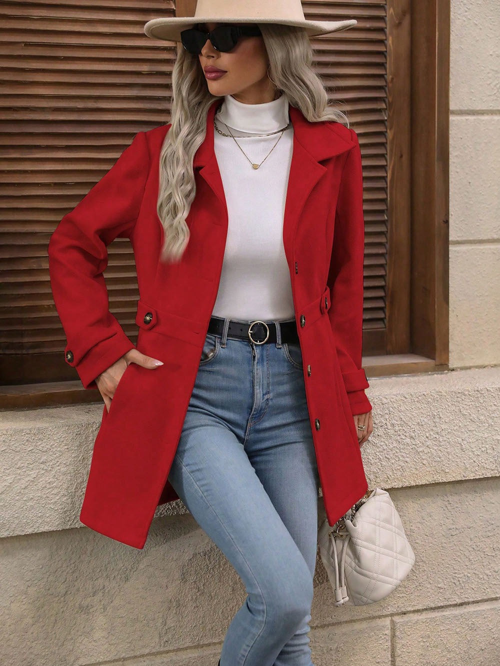 Manteau Femme Mi-Long en Mélange de Laine à Revers et Simple Boutonnage