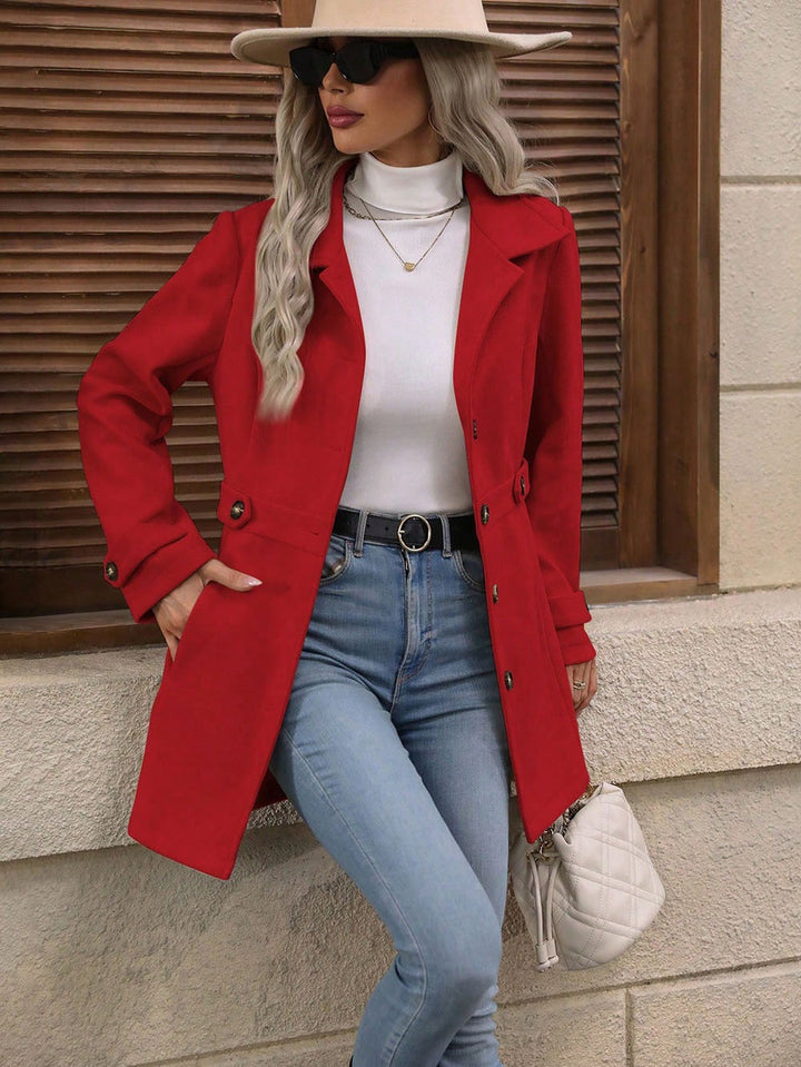 Manteau Femme Mi-Long en Mélange de Laine à Revers et Simple Boutonnage