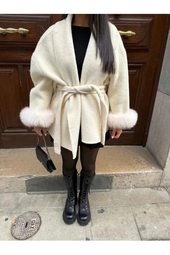 Manteau Femme Long Fausse Fourrure Ceinturé Manches Fourrure