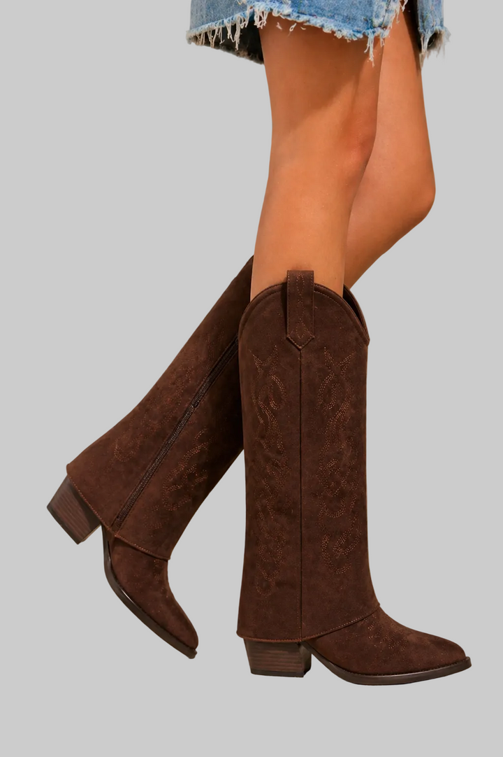 Bottes Cowboy Femme en Daim avec Détails Brodés et Zip Latéral