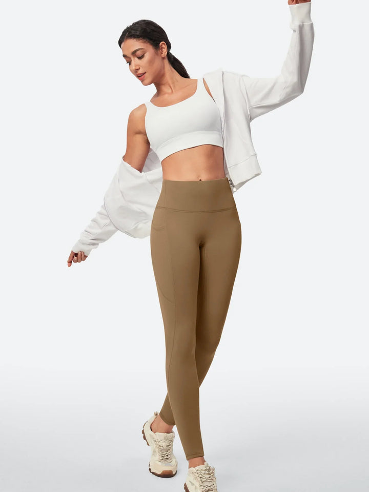 Legging Femme Taille Haute Doublé Polaire Sans Couture Avant Avec Poches