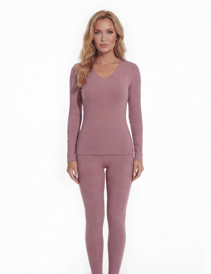 Ensemble Thermique Femme À Côtes Avec Haut Manches Longues Et Legging