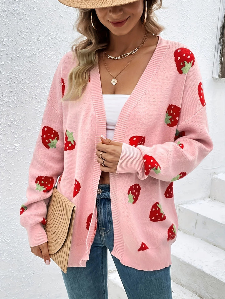 Cardigan Femme Maille Oversize Avec Motif Fraises