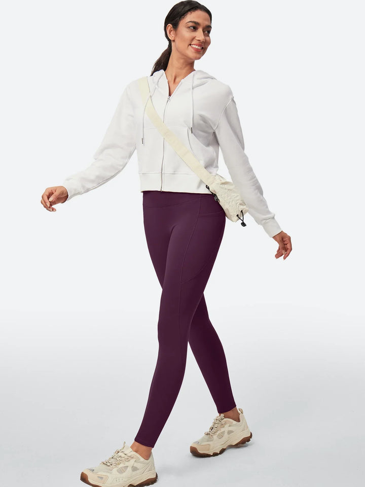 Legging Femme Taille Haute Doublé Polaire Sans Couture Avant Avec Poches