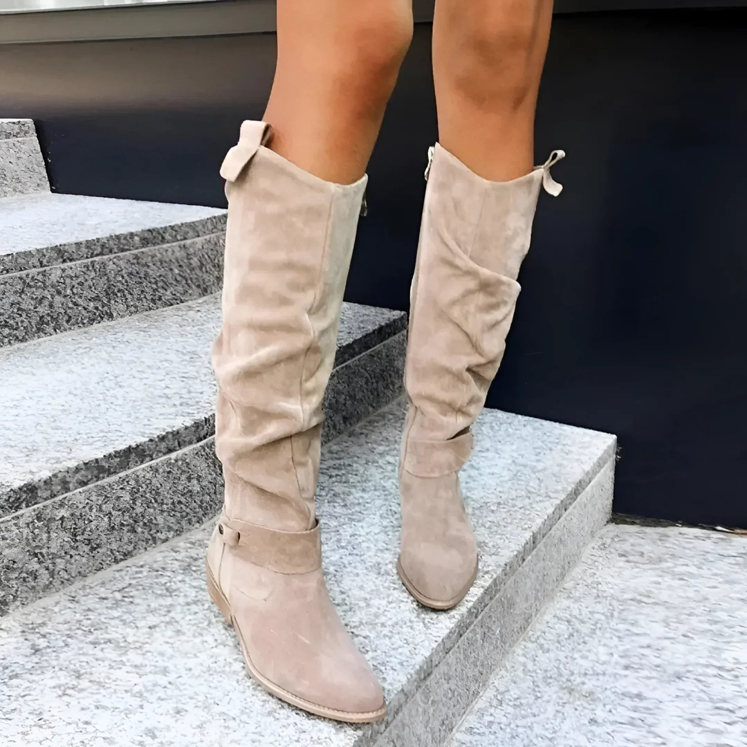 Bottes Hautes Femme en Daim avec Fermeture Éclair et Talon Bloc Bas