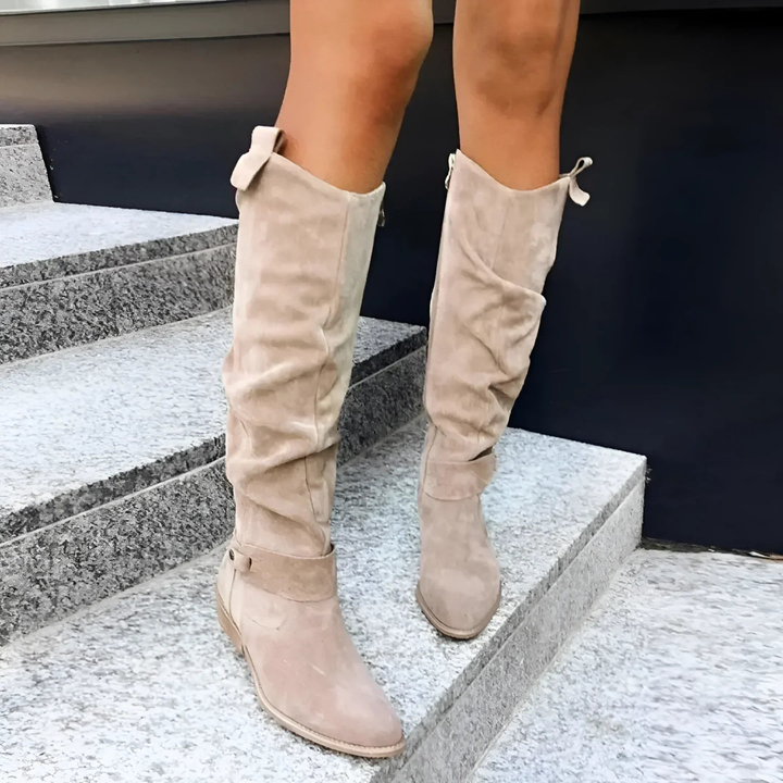 Bottes Hautes Femme en Daim avec Fermeture Éclair et Talon Bloc Bas