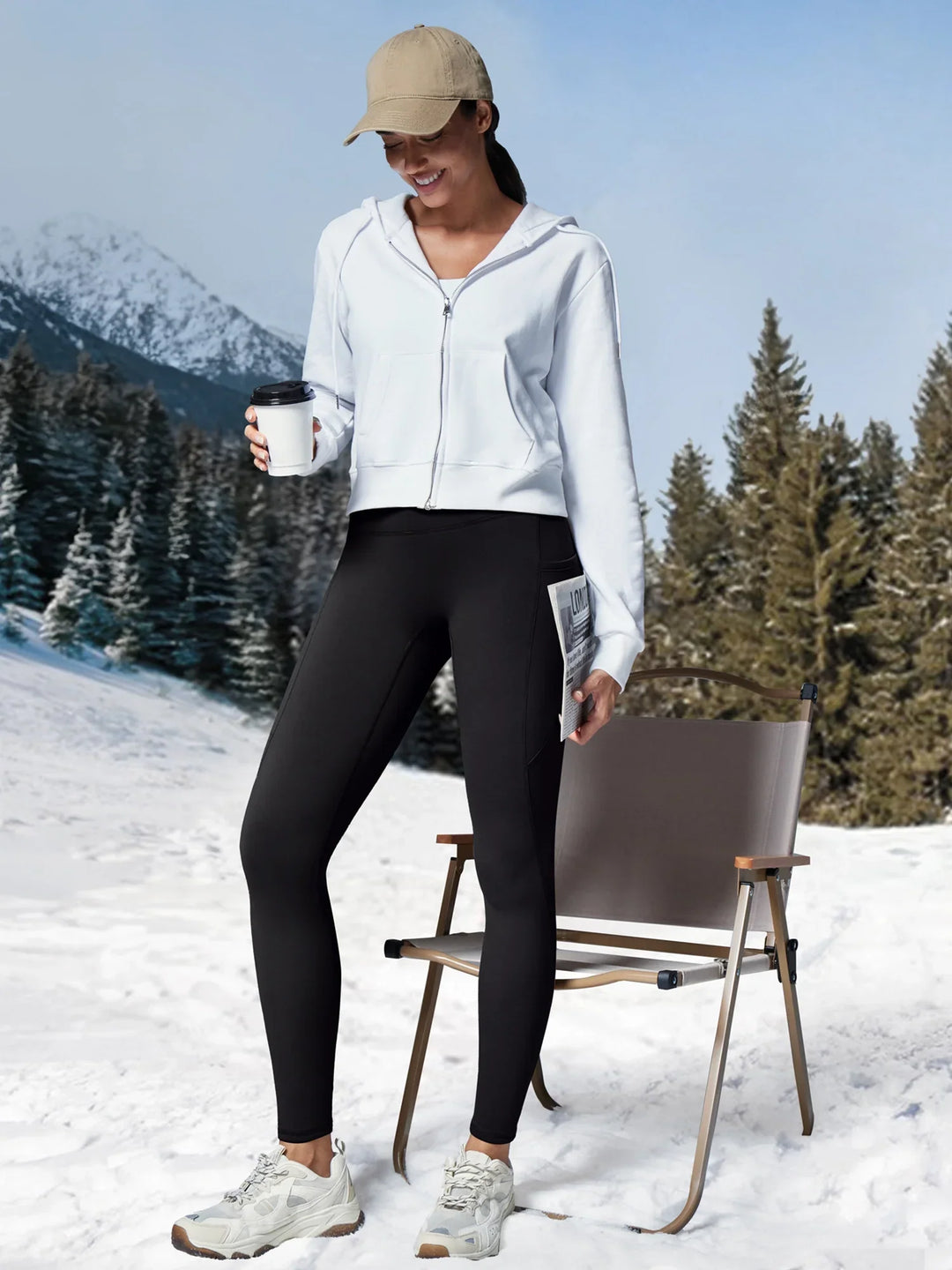 Legging Femme Taille Haute Doublé Polaire Sans Couture Avant Avec Poches