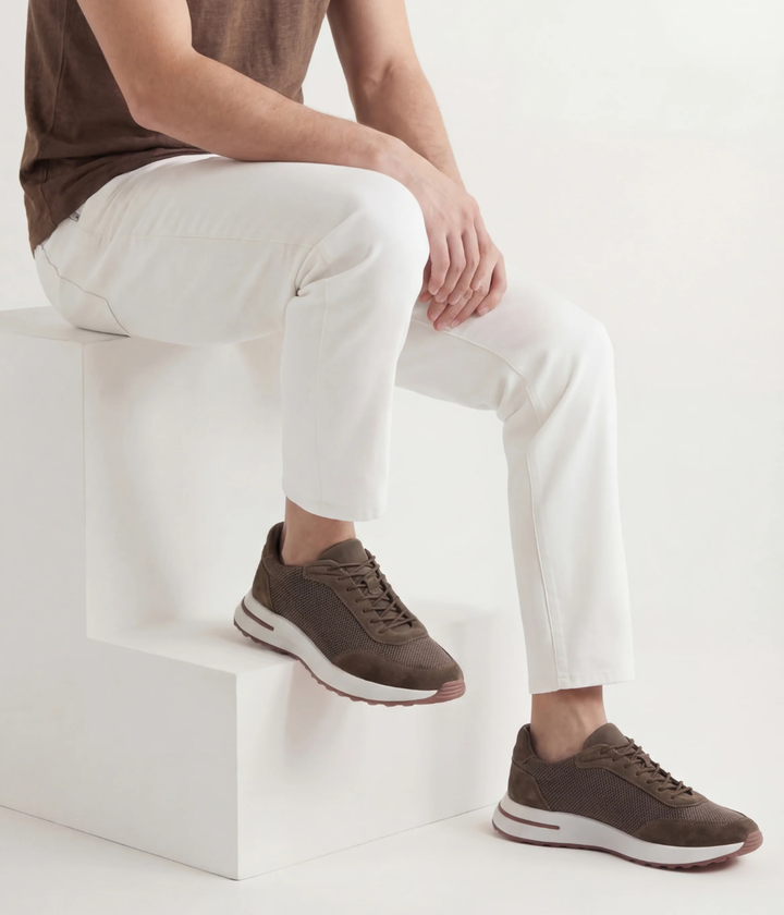 Baskets Homme Marron Suede & Mesh Basses de Marche avec Semelle Blanche