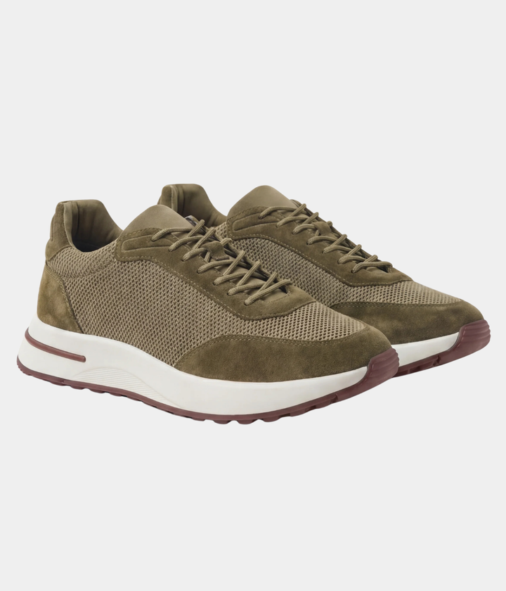 Baskets Homme Olive Suede & Mesh Basses de Marche avec Semelle Blanche