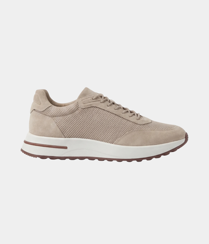 Baskets Homme Beige Suede & Mesh Basses de Marche avec Semelle Blanche