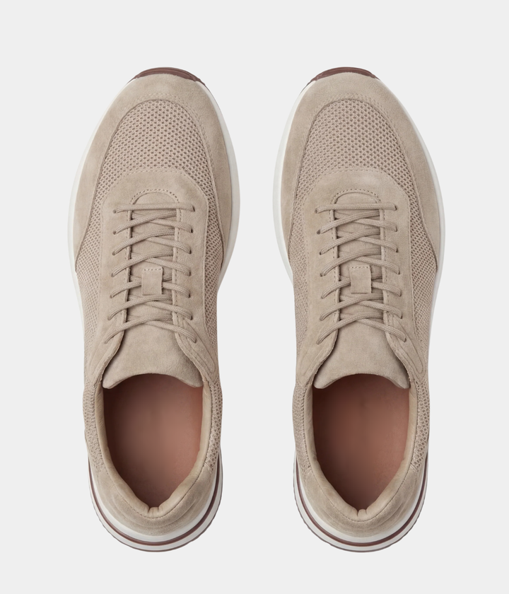 Baskets Homme Beige Suede & Mesh Basses de Marche avec Semelle Blanche