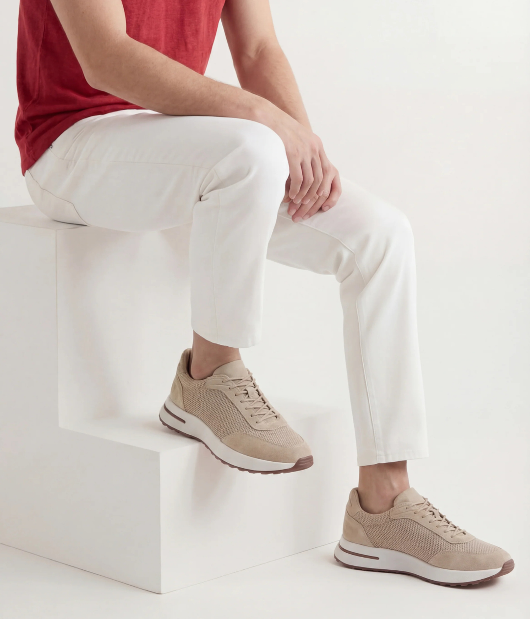 Baskets Homme Beige Suede & Mesh Basses de Marche avec Semelle Blanche