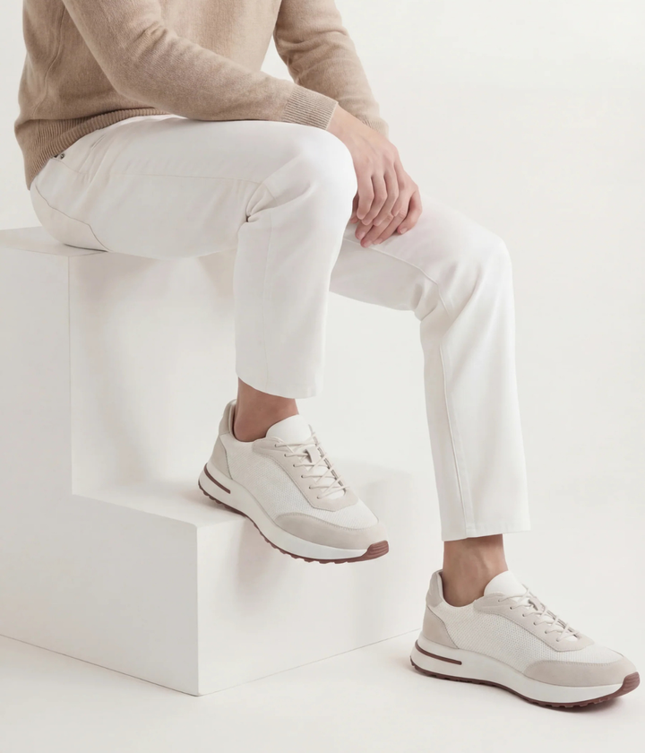 Baskets Homme Blanc Suede & Mesh Basses de Marche avec Semelle Blanche