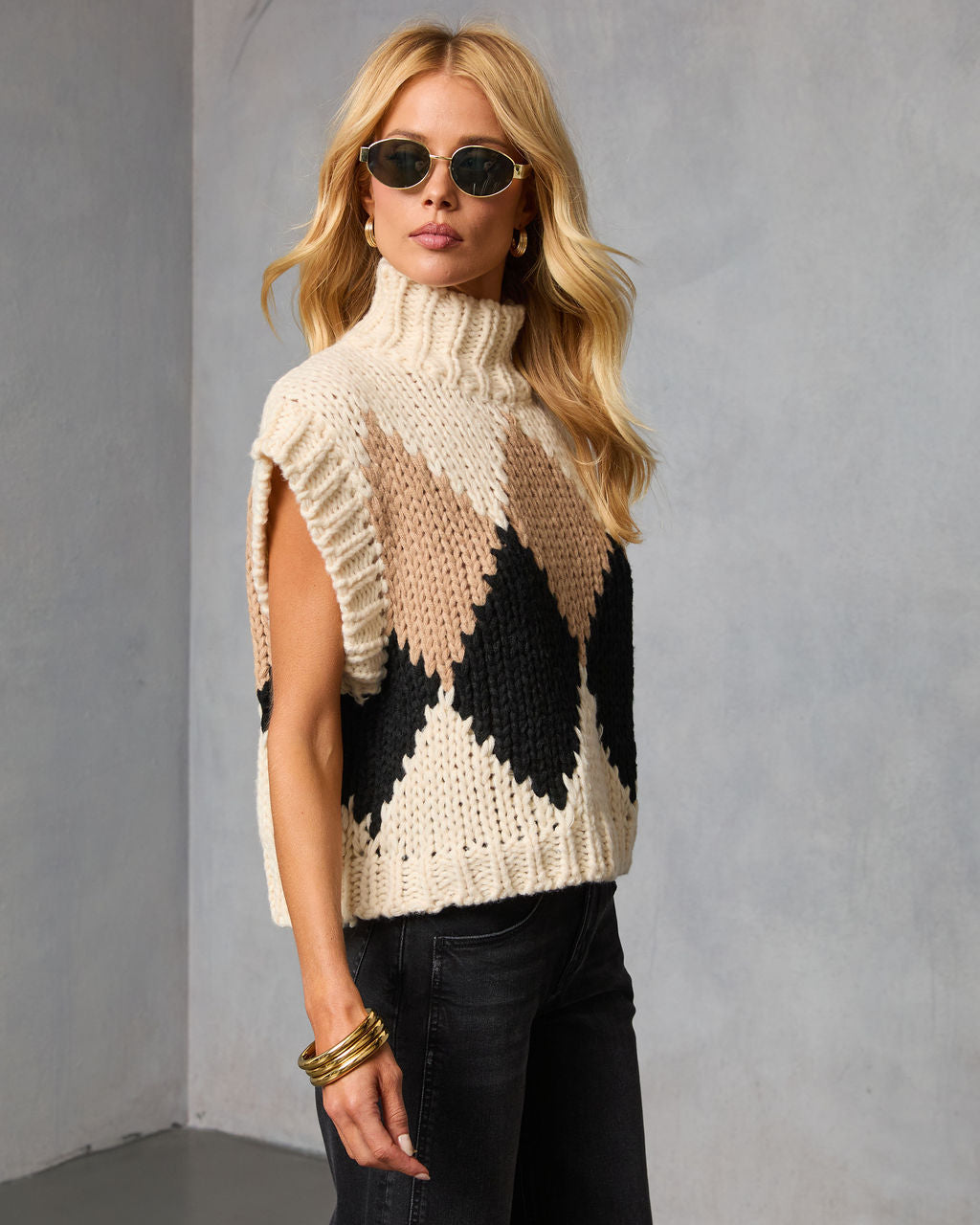 Pull Sans Manches Femme en Maille Argyle à Col Montant