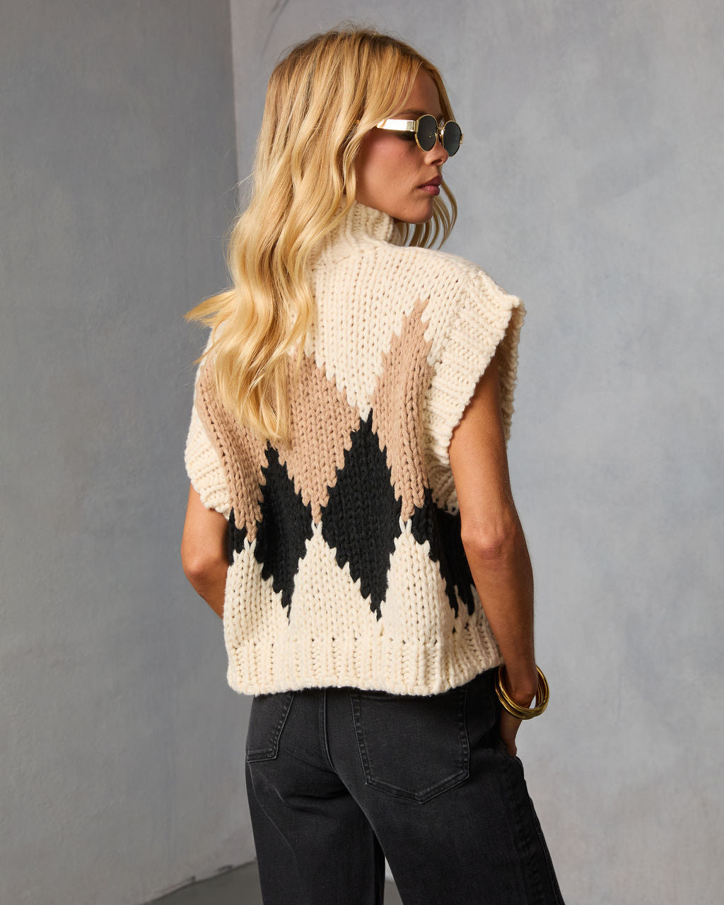 Pull Sans Manches Femme en Maille Argyle à Col Montant