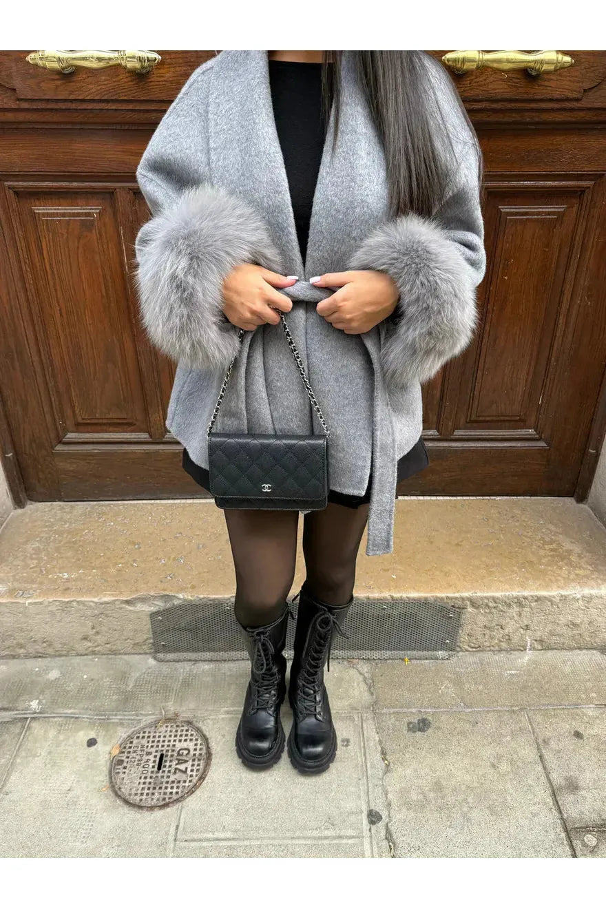Manteau Femme Long Fausse Fourrure Ceinturé Manches Fourrure