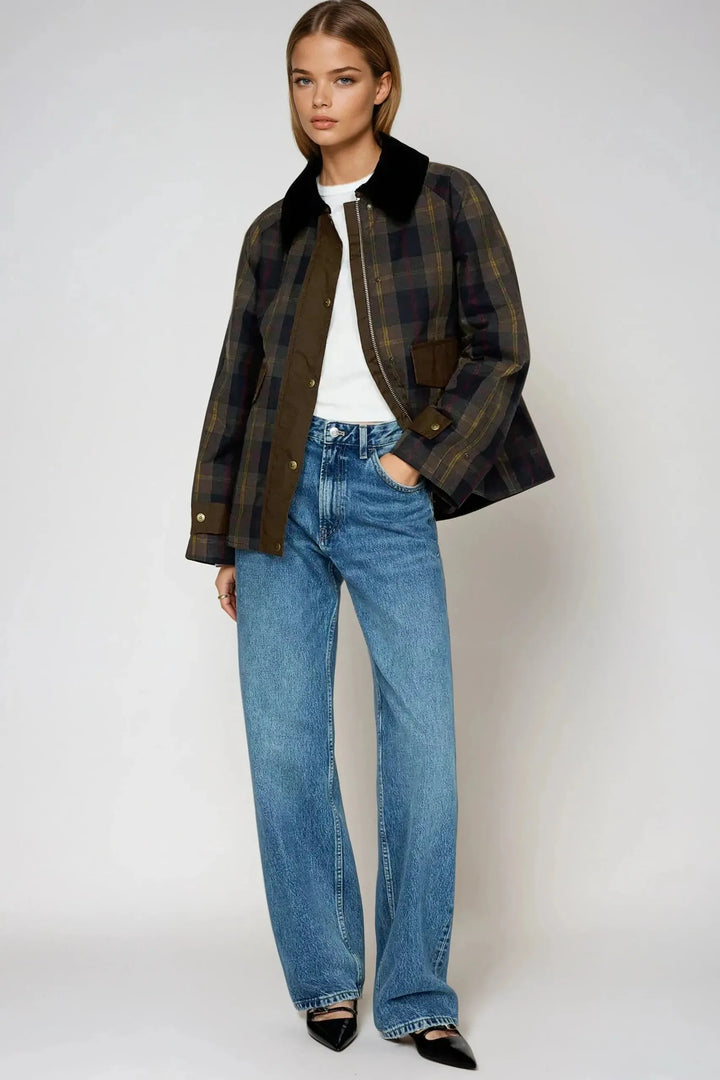 Veste Femme À Carreaux Coupe Droite Doublée Col Contraste Et Fermeture Zip
