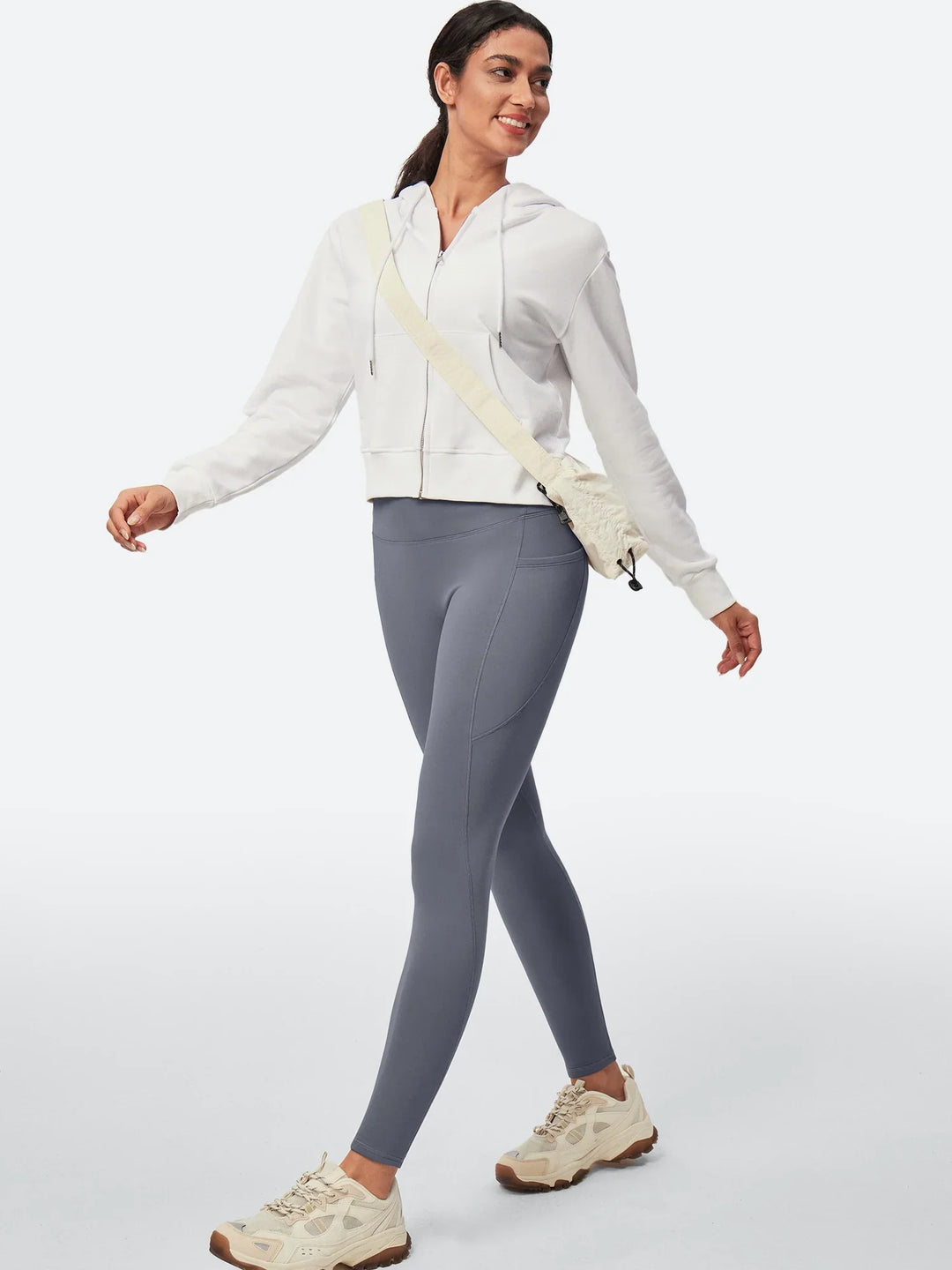 Legging Femme Taille Haute Doublé Polaire Sans Couture Avant Avec Poches