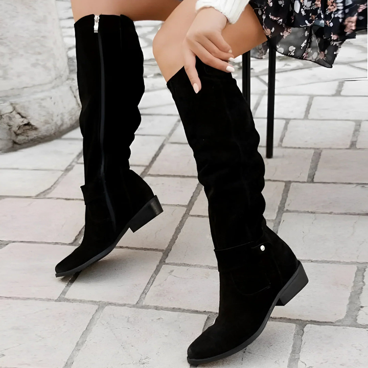 Bottes Hautes Femme en Daim avec Fermeture Éclair et Talon Bloc Bas