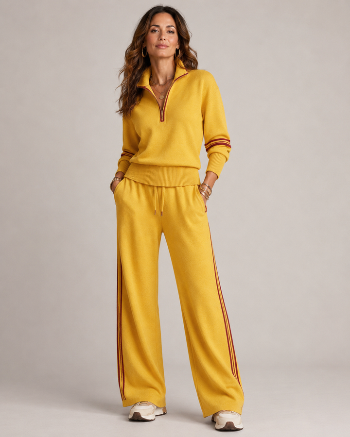 Ensemble Sweat à Demi Zip et Pantalon Large à Bandes Contrastantes pour Femme