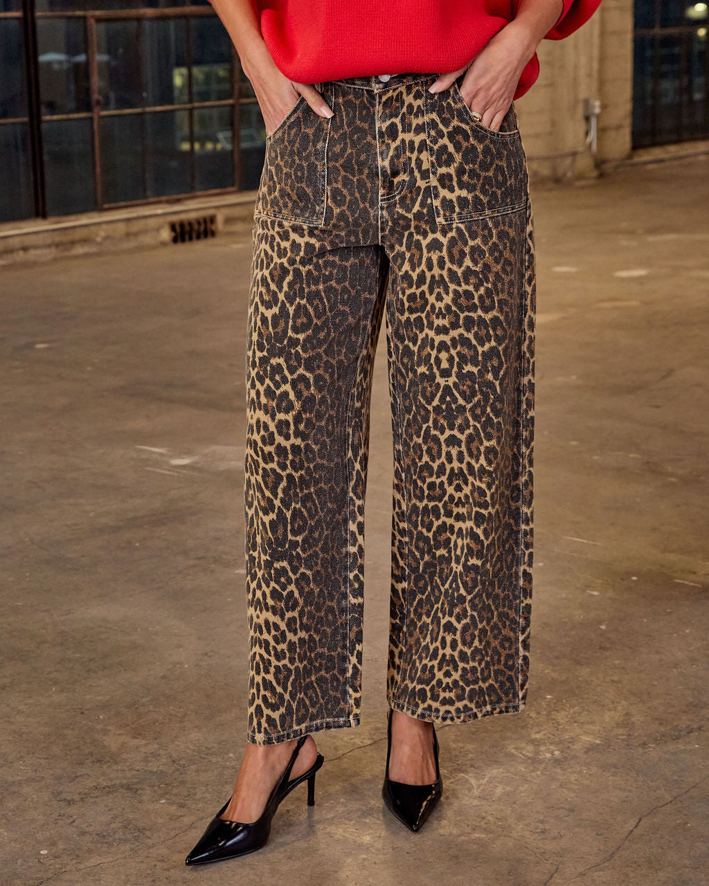 Pantalon Femme en Sergé de Coton Imprimé Léopard Coupe Décontractée