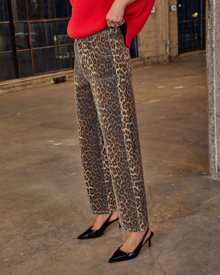 Pantalon Femme en Sergé de Coton Imprimé Léopard Coupe Décontractée