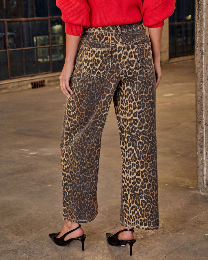Pantalon Femme en Sergé de Coton Imprimé Léopard Coupe Décontractée
