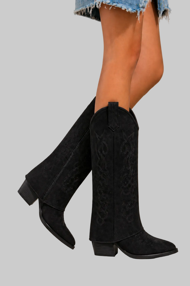 Bottes Cowboy Femme en Daim avec Détails Brodés et Zip Latéral