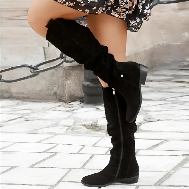 Bottes Hautes Femme en Daim avec Fermeture Éclair et Talon Bloc Bas