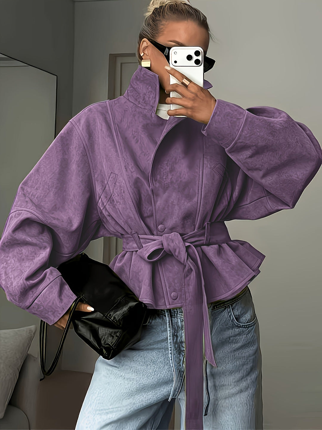 Veste Femme Col Montant Ceinturée En Daim Avec Manches Longues