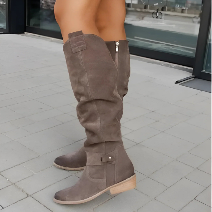 Bottes Hautes Femme en Daim avec Fermeture Éclair et Talon Bloc Bas