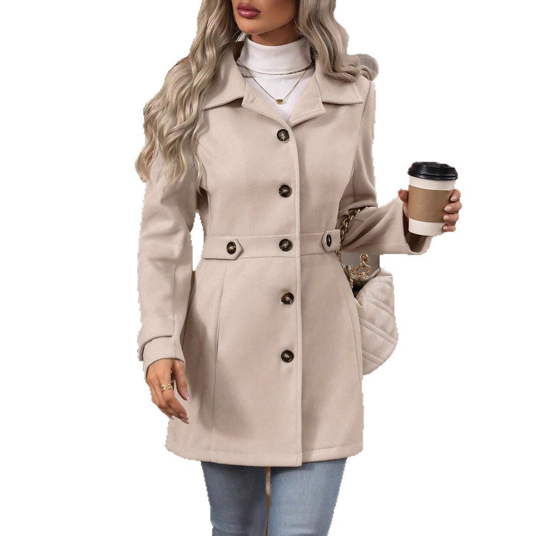 Manteau Femme Mi-Long en Mélange de Laine à Revers et Simple Boutonnage
