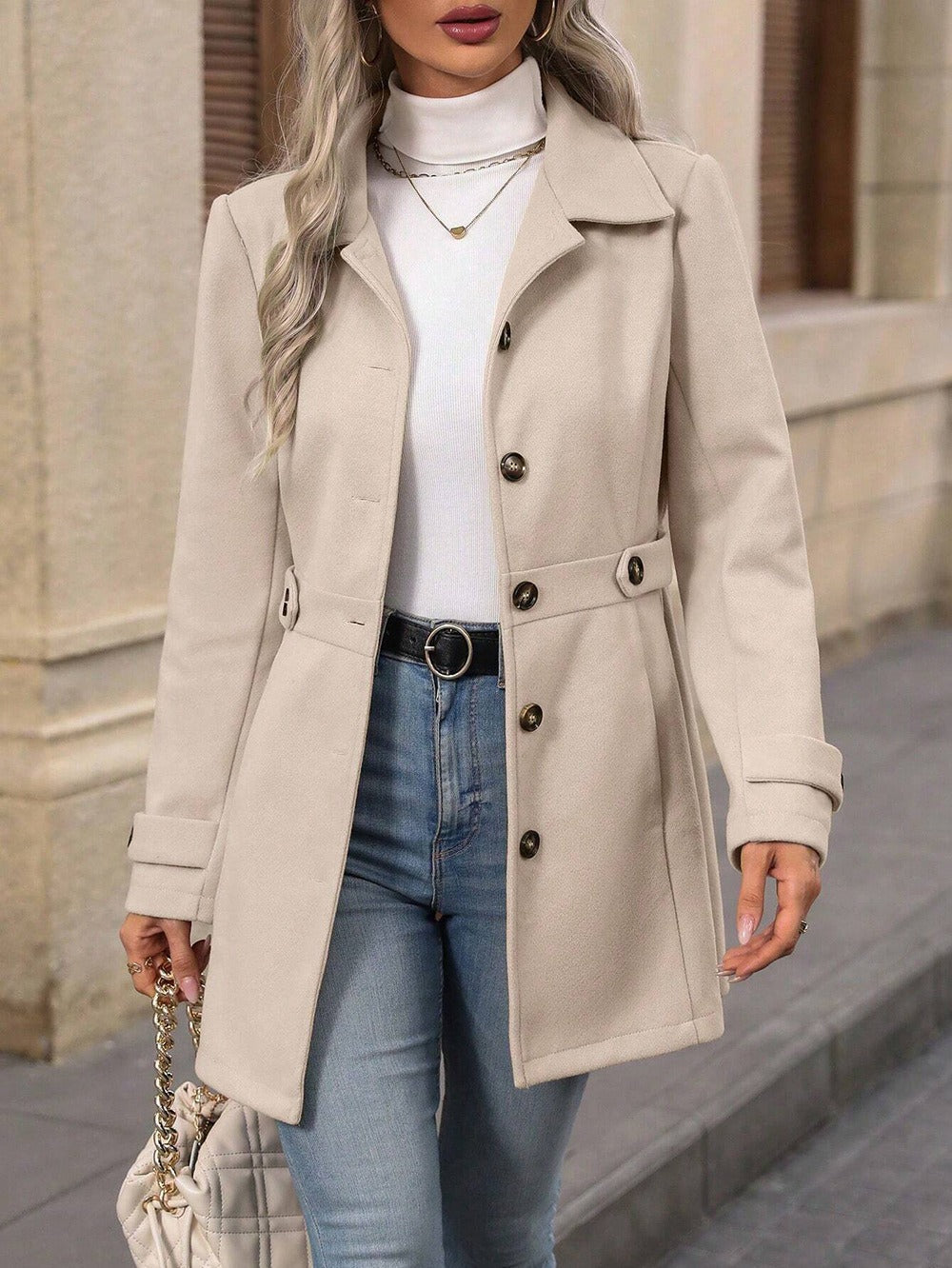 Manteau Femme Mi-Long en Mélange de Laine à Revers et Simple Boutonnage