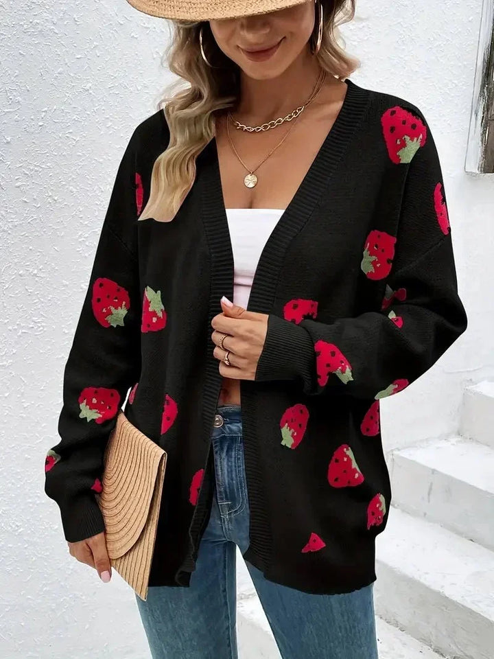 Cardigan Femme Maille Oversize Avec Motif Fraises
