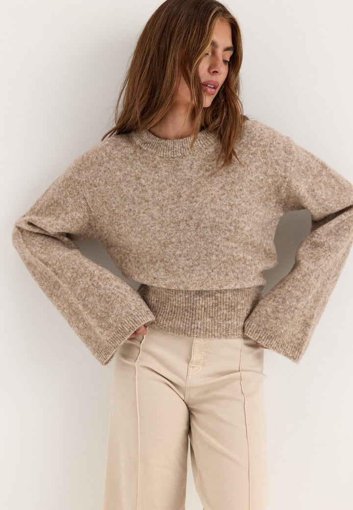Pull Femme Ajusté en Mélange de Laine à Manches Larges