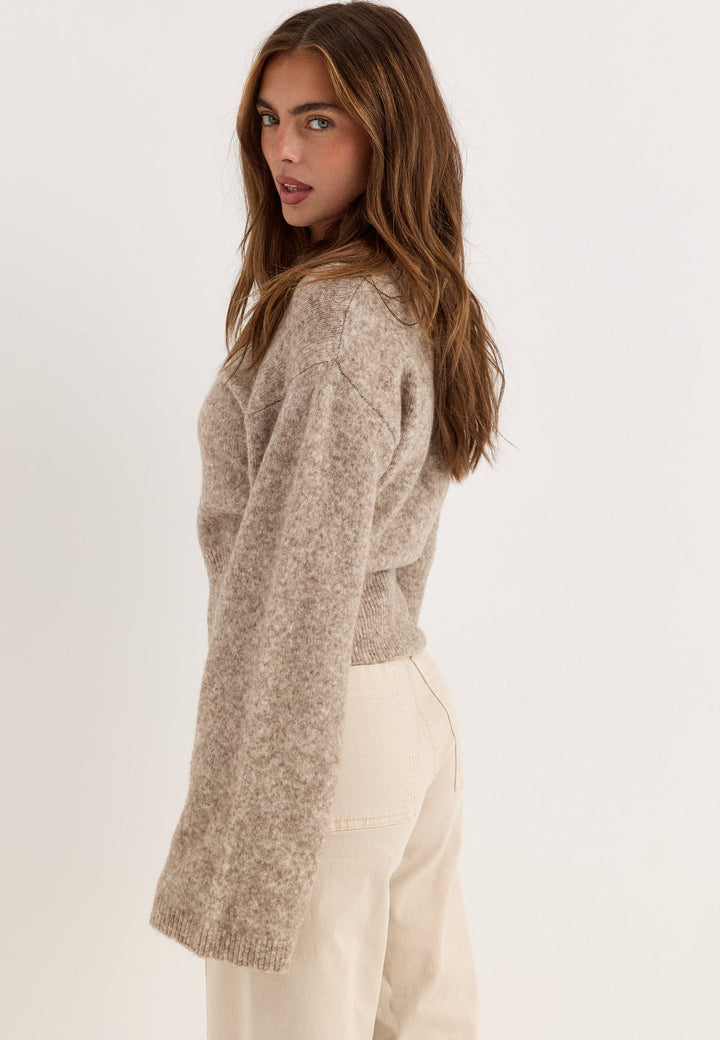 Pull Femme Ajusté en Mélange de Laine à Manches Larges