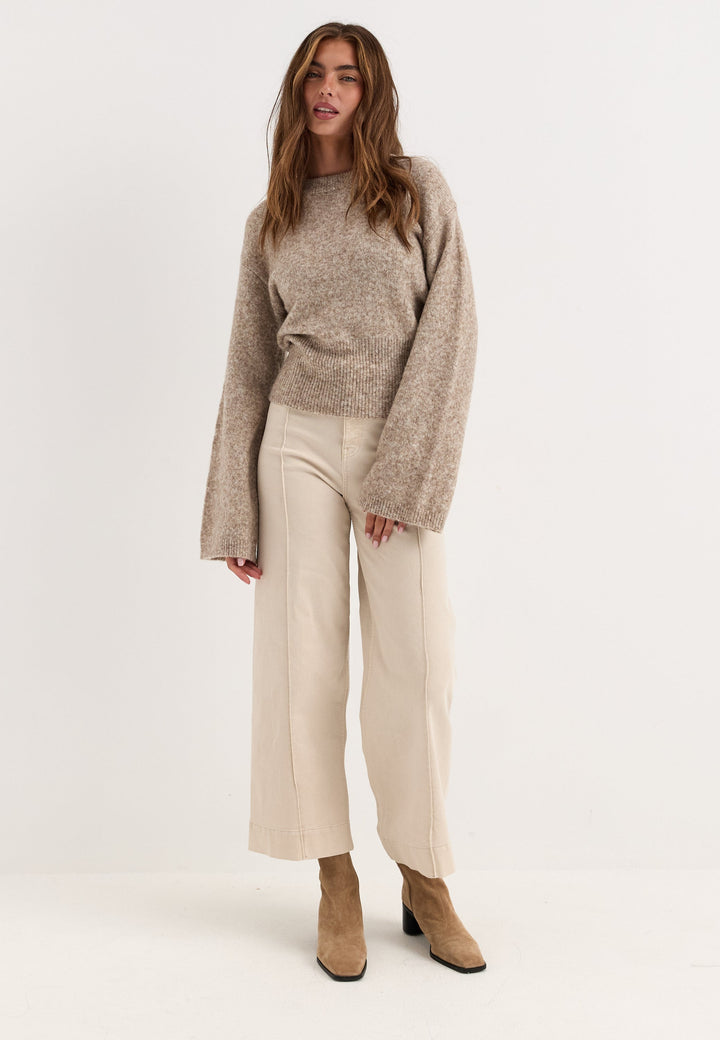 Pull Femme Ajusté en Mélange de Laine à Manches Larges