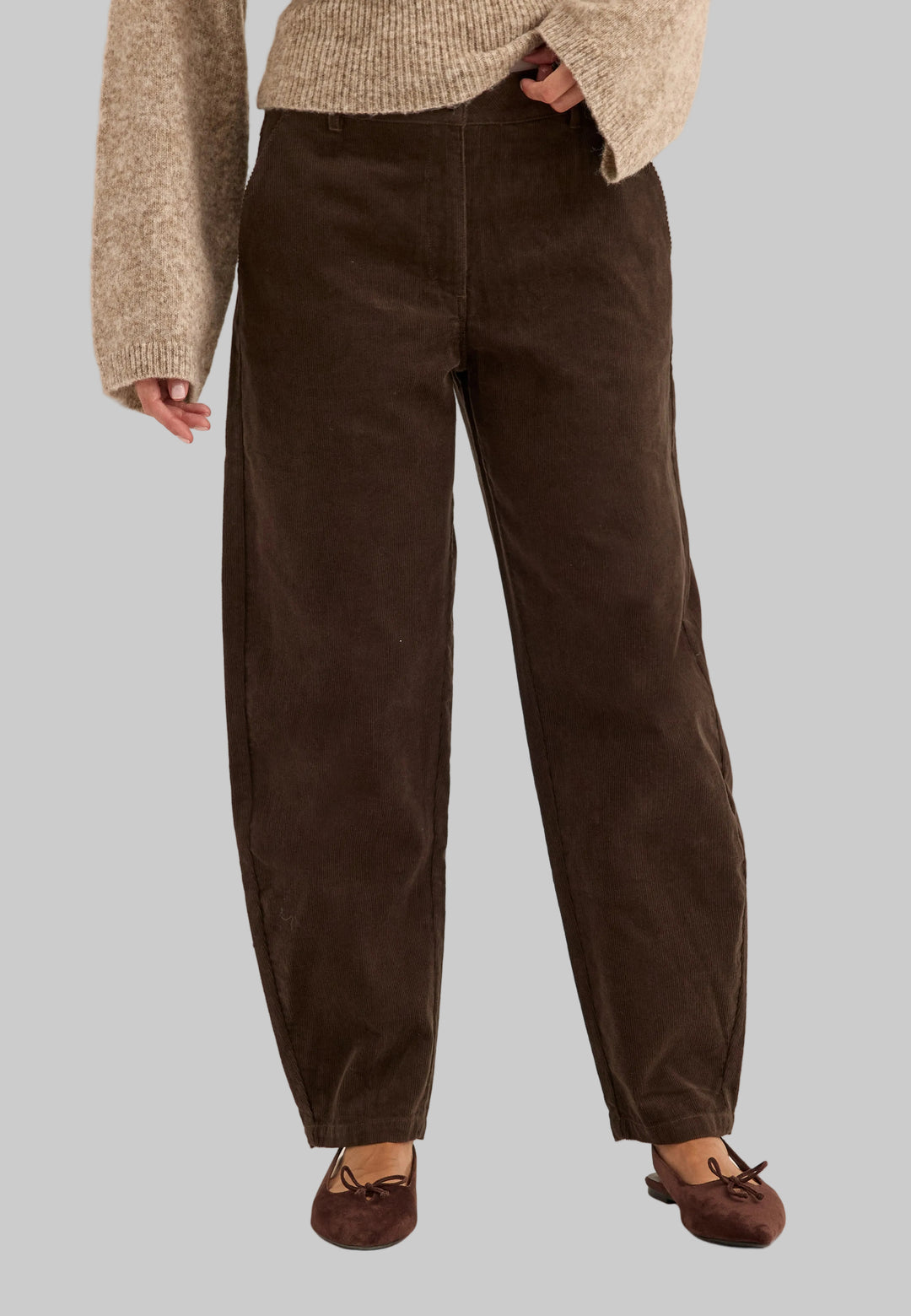 Pantalon Femme en Velours Côtelé Taille Mi-Haute Coupe Barrel