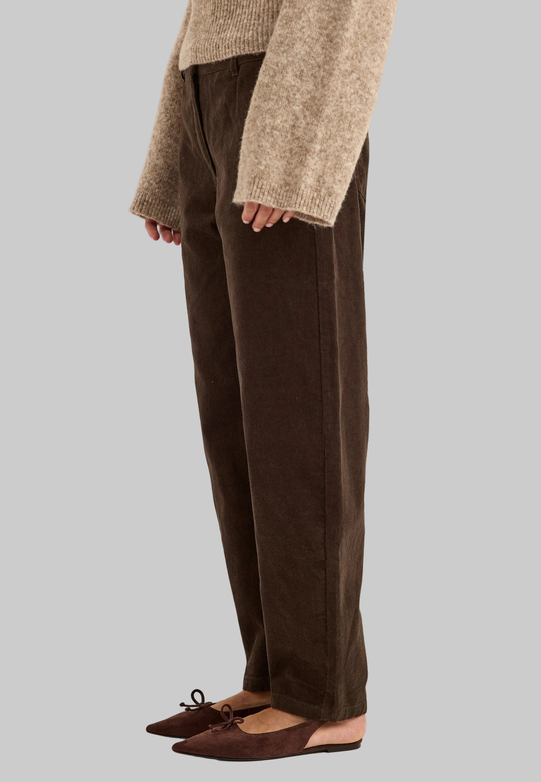 Pantalon Femme en Velours Côtelé Taille Mi-Haute Coupe Barrel