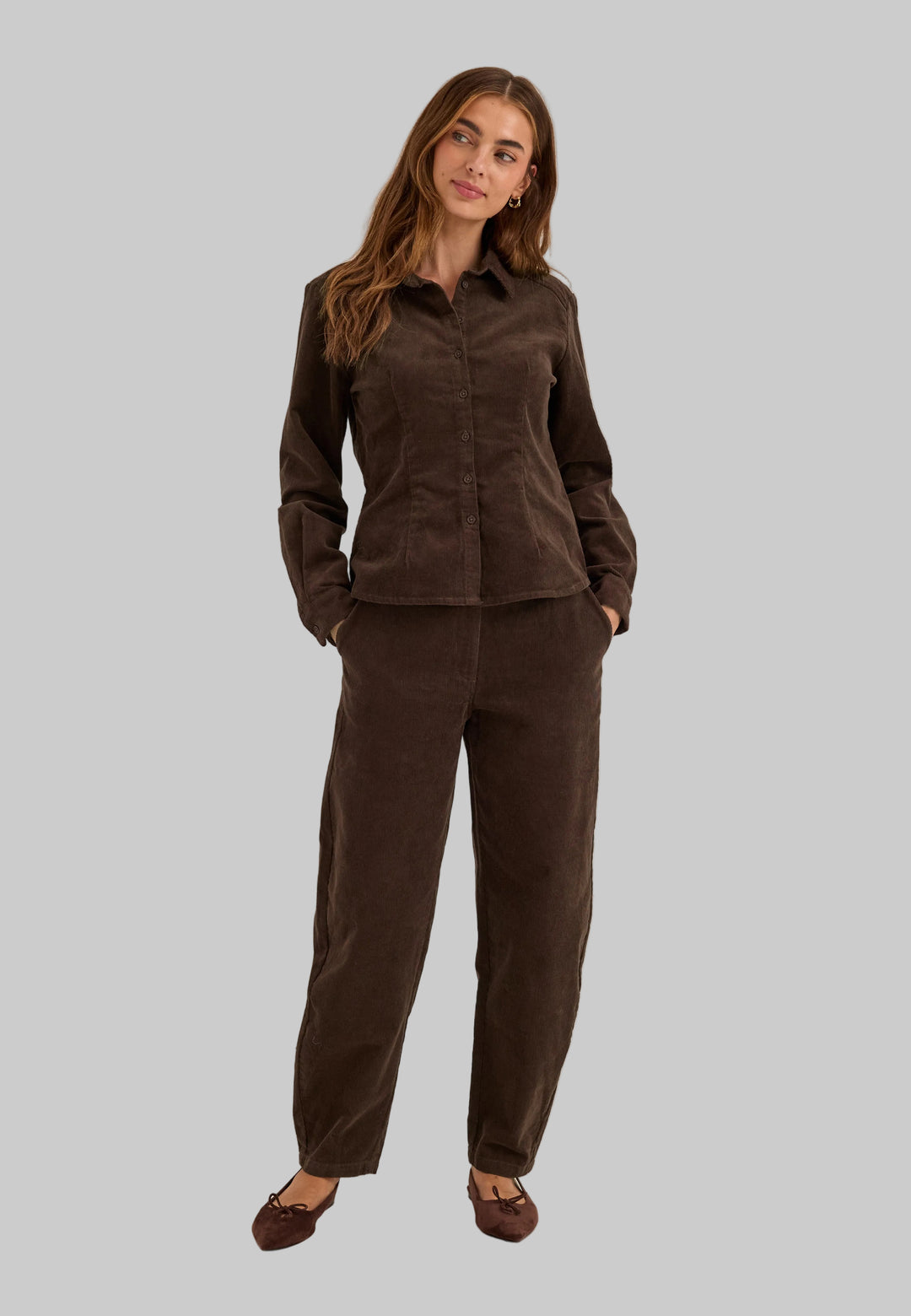 Pantalon Femme en Velours Côtelé Taille Mi-Haute Coupe Barrel