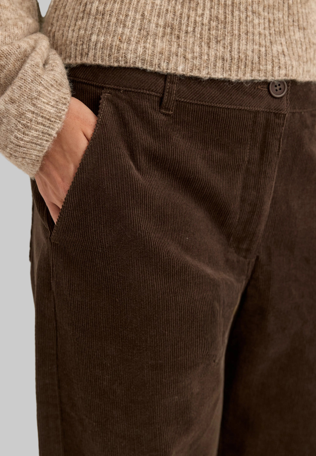 Pantalon Femme en Velours Côtelé Taille Mi-Haute Coupe Barrel