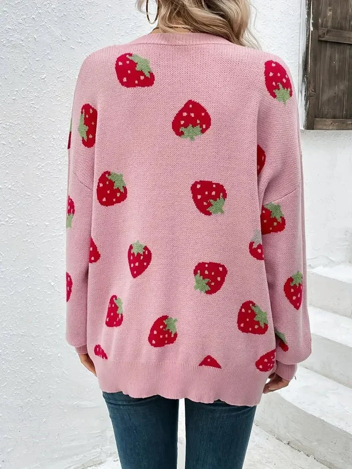 Cardigan Femme Maille Oversize Avec Motif Fraises