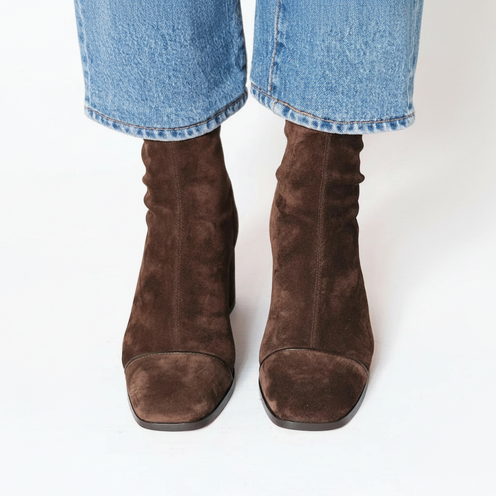 Bottines Femme Effet Suédine à Bout Carré et Talon Bloc