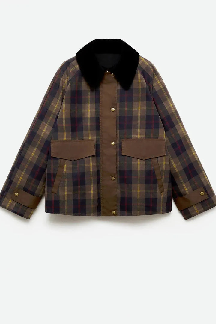 Veste Femme À Carreaux Coupe Droite Doublée Col Contraste Et Fermeture Zip
