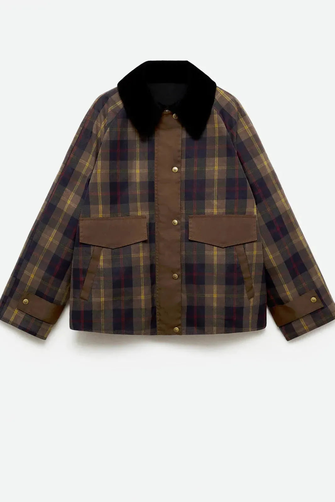Veste Femme Carreaux Col Fourrure Boutonnée Manches Longues