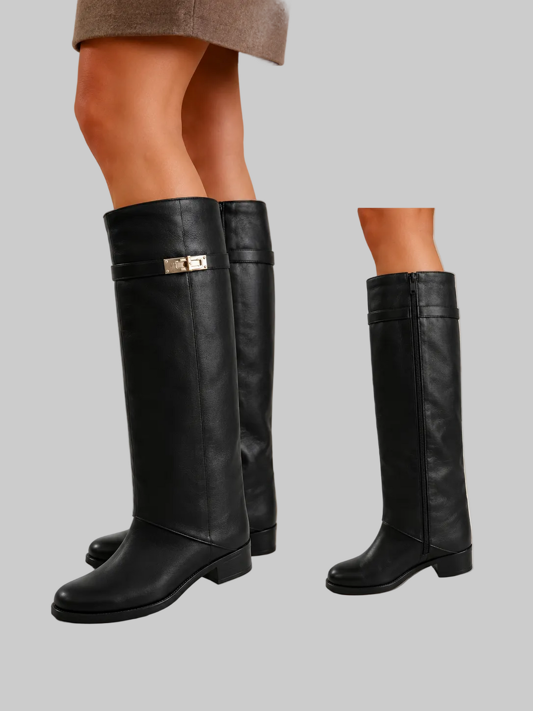 Bottes Femme Hauteur Genou Effet Cuir avec Zip Latéral