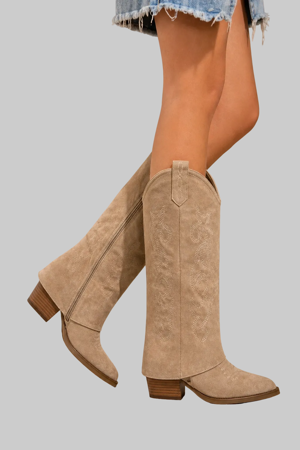 Bottes Cowboy Femme en Daim avec Détails Brodés et Zip Latéral