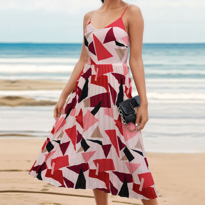 Belle - Robe Midi Élégante Plissée à Imprimé Géométrique