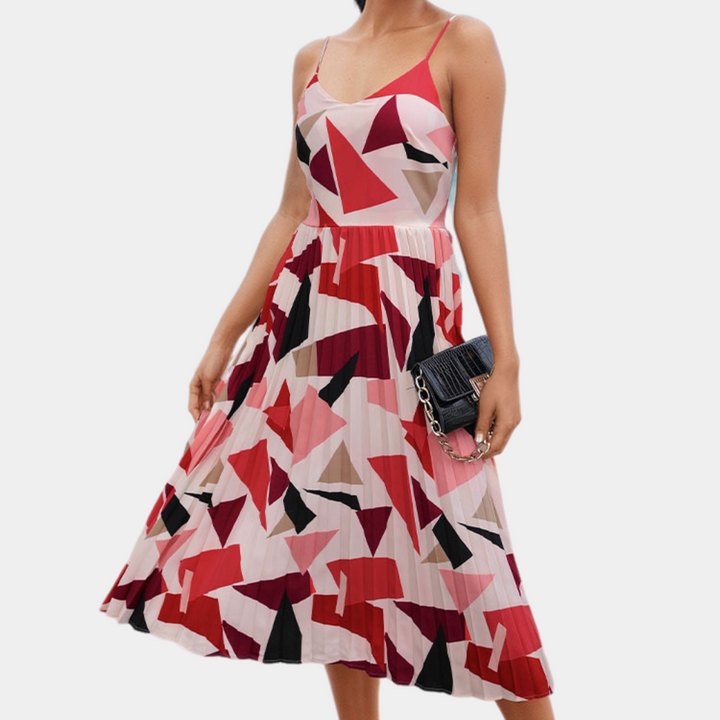 Belle - Robe Midi Élégante Plissée à Imprimé Géométrique
